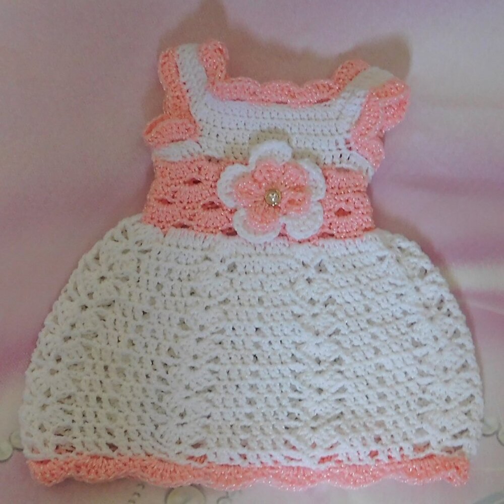 Crochet Baby Dress Handmade, Fits 0-3 Month, Baby Shower Gift, Pink Flower Dress - Picture 5 of 6